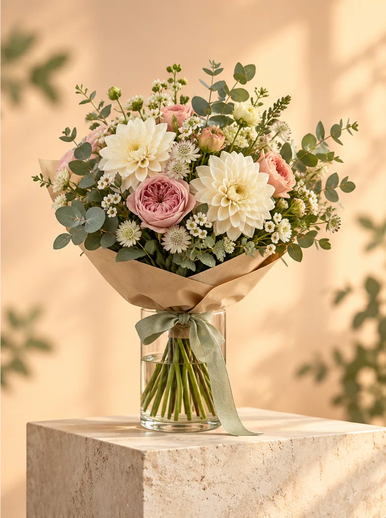 Même bouquet sur un socle et un décor abricot.
