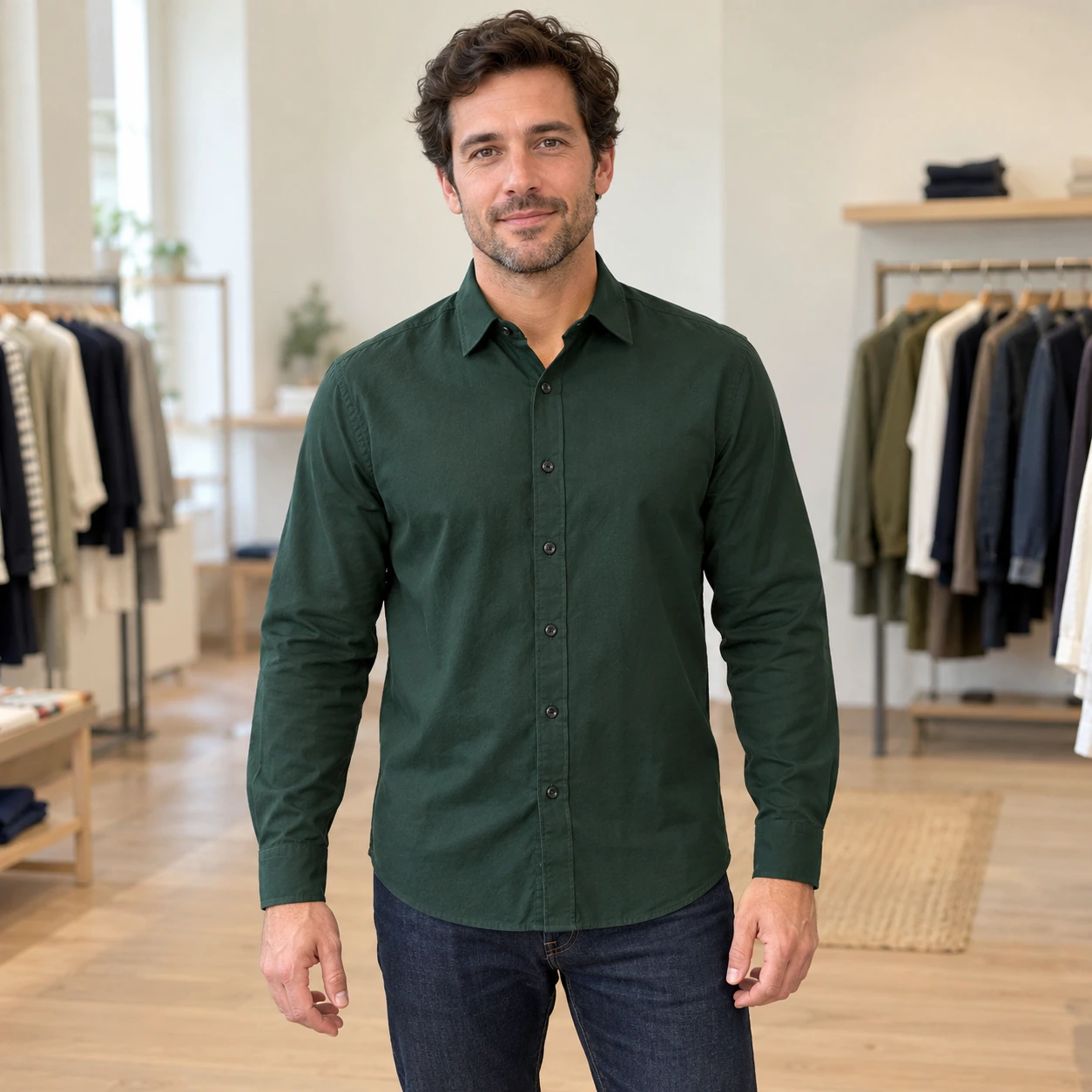 Homme adulte fictif portant une chemise vert forêt en boutique.