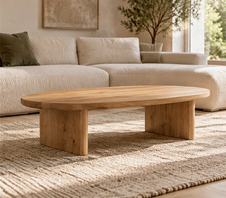 Table basse en chêne dans son atelier.