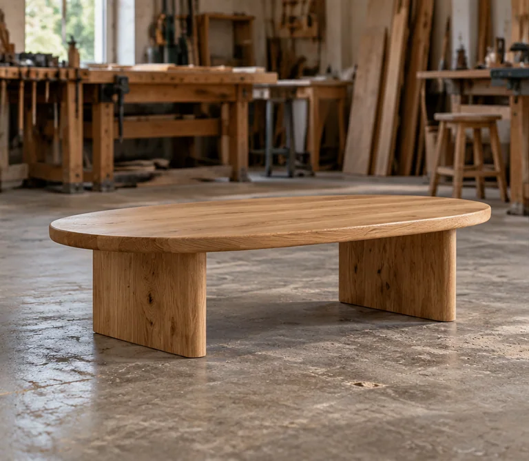 Table basse en chêne dans son atelier.