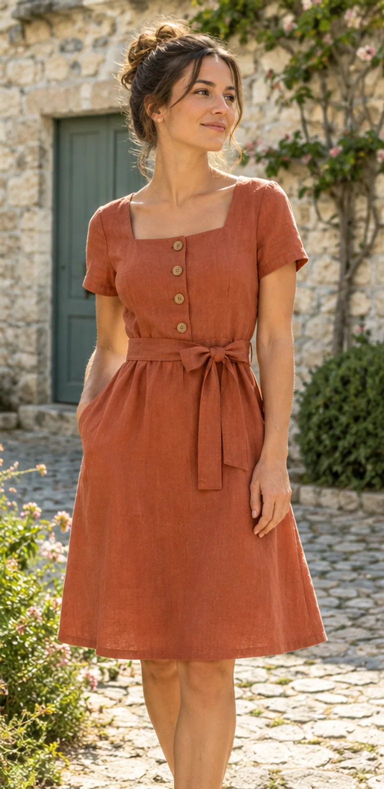 Robe terracotta portée par une adulte dans une cour.