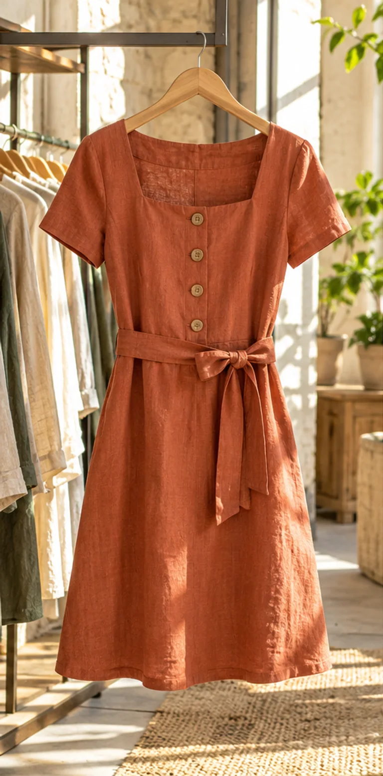 Robe terracotta sur un cintre.