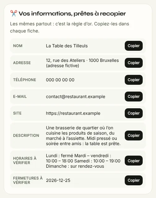 Exemple fictif — Être trouvé en ligne.